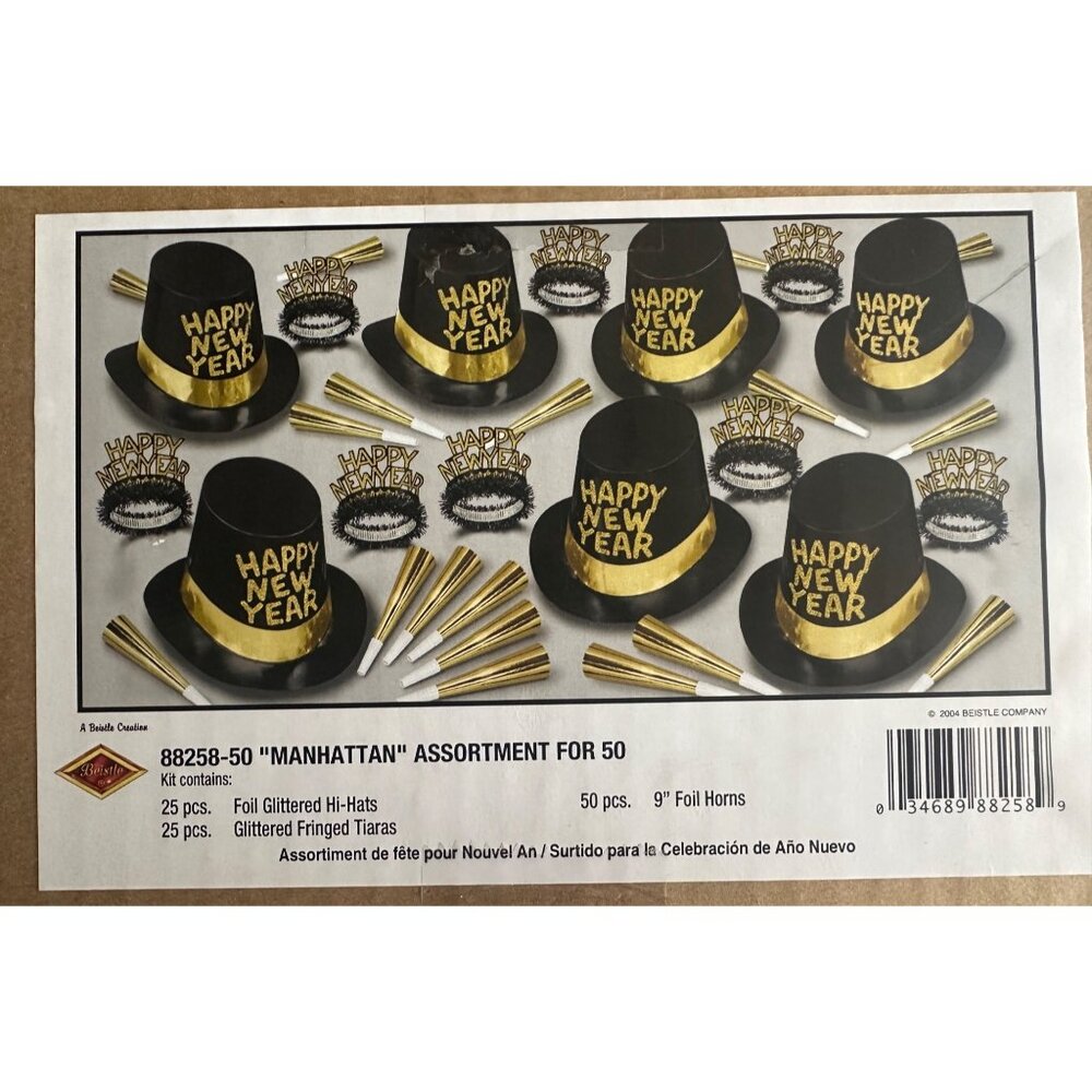 New Year’s Party Favor Assortment For 50 Guests Black Gold Hats Tiaras Horns